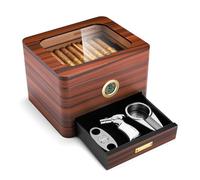CIGARLOONG Glass Top Cigar Humidor,Cedar Wood Humidor with Drawer Cigar Desktop Box with Hygrometer,Humidifier,Divider and Double Layer,Cigar Accessories Gift for Men(Brown)