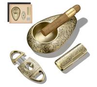CIGARLOONG Premium Cigar Gift Set for Men - Cigar Guillotine & V-Cutter, Windproof Jet Lighter, Ashtray in Gift Box (Refillable Lighter, No Gas Included) (golden)