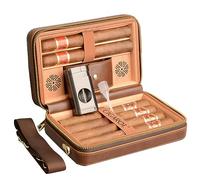 CIGAROL Travel Cigar Humidor Case with Shoulder Strap, Leather & Wood Box for 6 Cigars, with Cigar Lighter, Cutter and Humidifier, Portable for Business & Leisure(Brown)