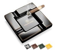 CIGARWONG Cigar Ashtray Ceramic Large 7.8" Square, Luxury Cigarettes Ash Tray with 4 Rest Cigar Holders, Non-slip for Indoor, Outdoor, Home, Office (Black)