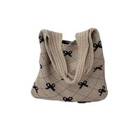 CIGPKLO Knitted Crochet Bag Bow Knitted Women's Foldable Rope Shoulder Sweet Knitting Handbag Tote Bag(Khaki)