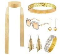CIGTSICO 6pcs Abba Accessories Set, 70s Disco Accessories for Women, Fancy Dress Costume Jewelry Kit, Headband Ball Earrings Long Scarf Bling Sunglasses Bracelet Short Earrings for Retro Themed Party