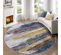 Ciicool 5ft Round Washable Rug, Modern Abstract Circle Rugs, Non-Slip Thin Lightweight Rug Yellow Blue Circular Print Distressed Carpet for Bedroom Living Room Under Dining Table Home Office Decor