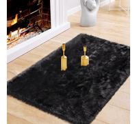 Ciicool Black Fur Fluffy Rug, 2x4 ft Small Faux Fur Rug for Bedroom, Washable Faux Sheepskin Rugs for Sofa Couch Seat Cushion, Thick Shaggy Furry Floor Carpets for Bedside Living Room