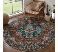 Ciicool Boho Area Rug 4x4ft Round Washable Bedroom Non-Slip Vintage Entryway Throw Low-Pile Indoor Carpet for Living Room Foyer(Brick Red/Dull Teal)
