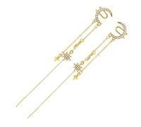 Ciieeo 1 Pair Star Moon Ear Clip Earrings Non-Piercing Dangle Chain Ear Cuff with Micro Zirconia, Lightweight Drop Earrings for Women and Teen, Gold Tone Moon and Star Design