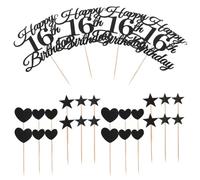 Ciieeo 10 Set Glitter Black Number Cake Topper with Star and Heart Cupcake Picks Lightweight Glitter Paper Decorations for Teen Birthday Party Supplies Easy to Insert and Photo-ready