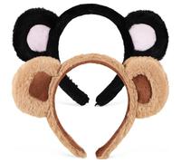 Ciieeo 2 Pcs Plush Bear Ears Headbands and Adults, Animal Ears Hair Hoops in Camel Brown and Black Pink, Party Headbands for Halloween Cosplay and Costume Accessories