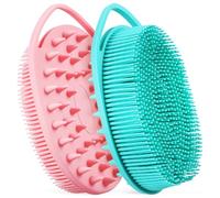 Ciieeo 2pcs Dual-Sided Silicone Body Brush Exfoliating Bath Scrubber with Hooks, Back Scrubber for Showering, Soft Massage Tool for Sensitive Skin, Green and Pink