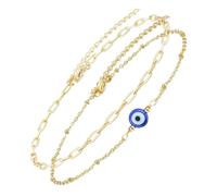 Ciieeo 2pcs Golden Evil Eye Bracelet Set with Blue Beaded Charm, Double Layer Link Chain Protection Bracelets for Women, Adjustable Boho Amulet Jewelry