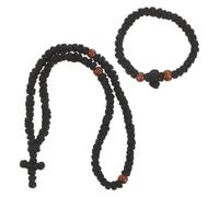 Ciieeo 2pcs Orthodox Prayer Rope Set with 100 Greek Rosary Knot Beads and 33 Knots Bracelet, Handmade Christian Prayer Necklace with Blessing Cross Pendant, Wooden and Polyester Material,