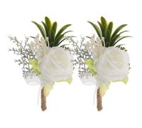 Ciieeo 2pcs White Artificial Rose Lapel Boutonniere Pins for Groom and Groomsmen, Wedding Prom Corsage Brooch Set, Fake Flower Decoration for Ceremony and Party