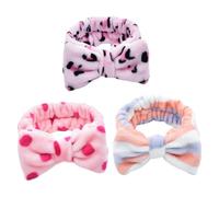 Ciieeo 3pcs Coral Fleece Hair Band Set for Women and - Absorbent Quick-drying Bowknot Headbands in Pink Leopard, Purple Stripes, and Pink Polka Dot - Face Washing and Makeup Spa