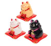 Ciieeo 3Pcs Solar Powered Waving Cat Figurines Cute Mascot Cat Adornments for Car Desk Home Wealth Welcoming in Yellow Black White