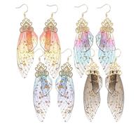 Ciieeo 4 Pairs Gradient Butterfly Wing Dangle Earrings Set for Women, Lightweight Drop Earrings with Blue, Orange, Rainbow, and Black Gold Foil, Elegant Ear Jewelry for Daily and Party