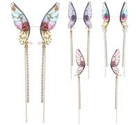 Ciieeo 4 Pairs Long Butterfly Wing Earrings for Women, Crystal Tassel Dangle Earrings Set with Rainbow Gold Foil, Pink Glitter, Blue and Silver Rainbow Stones, Stylish Fairy Wings Jewelry