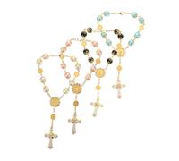 Ciieeo 4pcs Handmade Prayer Beads Bracelet with Cross Charms Multi Color Glass Pearl Inspirational Jewelry for Men Women Versatile Wrist and Car Charm for Baptism Communion Wedding Gifts