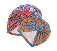 Ciieeo 4pcs Women Ethnic Turban Headwrap Hats Set - Bouffant Knotted Caps Hair Accessories in Rose Red, Orange, Green, and Red Circle - Versatile Lightweight Wraps for Daily Wear