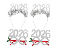 Ciieeo 4PCS Year Headbands and Glasses Glitter Tinsel Holiday Photo Booth Props Festive Numeric Eyewear and Silver Hairbands for Christmas Party Accessories Celebration Pack