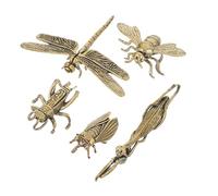 Ciieeo 5pcs Solid Brass Insect Figurines Detailed Dragonfly Bee Mantis Cicada Cricket Miniatures Retro Metal Sculptures for Desktop Office Rustic Home Decor