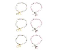 Ciieeo 6Pcs Acrylic Beads Bracelets Set for, Baptism Rose Flower Wrist Chains Heart and Angel Wing Charms, White and Pink Hand Jewelry for Party Favors and Special Occasions