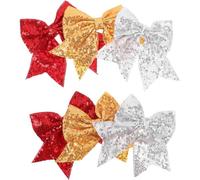 Ciieeo 6pcs Large Sequin Bow Hair Clips Ribbon Tails for Women - Yellow Silver Red Cheer Bow for Softball, Christmas Outfit, Party Hair Accessories