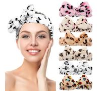 Ciieeo 6pcs Leopard Print Coral Fleece Hairbands with Bowknot, Soft Spa Headbands for Face Washing and Makeup, Elastic Hair Accessories Set for Women