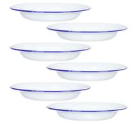 Ciieeo 6pcs White Enamel Serving Plate, Round Wide Shallow Dish | Smooth Surface with Blue Trim, Stackable Space-saving Design, Suitable for Rice, Beans, Indoor Dining and Rv Camping