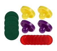 Ciieeo Air Hockey Pusher and Puck Replacement Set for Table Game, Large Plastic Air Hockey Paddle with 2 Yellow, 2 Purple Pushers, 4 Felt Pads, and 8 Red Pucks for Arcade and Leisure