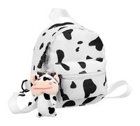 Ciieeo Canvas Backpack Cow Pattern with Plush Cow Keychain, Cute White Canvas Shoulder Bag for Students and Women, Fashion Casual Daypack for School and Travel