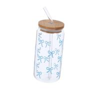 Ciieeo Cute Stuff Bow Glass Tumbler with Lid and Straw, Large Capacity Glass Drinking Cup for Coffee, Easy to Carry and Clean, Travel and Office Use