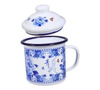 Ciieeo Enamel Tea Cup with Lid Cute Household Water Mug for Coffee and Tea Practical Easy Clean Drinking Cup for Home and Office Use Elegant Blue and White Porcelain Design