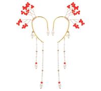 Ciieeo Handmade Red Crystal Tassel Clip-On Earrings for Women, Chinese Style Sparkly Dangle Ear Cuff Wraps, Non-Pierced Ear Clips for Wedding, Party, and Cosplay