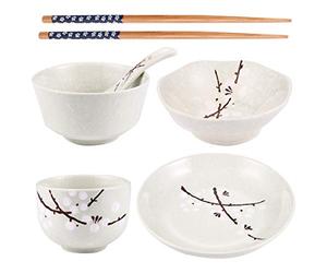 Ciieeo Household Tableware for Daily Dining Japanese Tableware Set 6 Pcs Practical Ceramic and Wooden with Bowl Plate Cup Spoon and Chopsticks for One Person