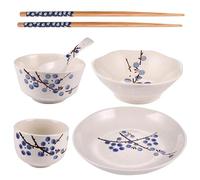 Ciieeo Japanese Style Ceramic Tableware Set for Single Household, 6pcs Blue Plum Pattern Bowl, Plate, Saucer, Cup, Spoon, and Chopsticks
