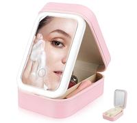 Ciieeo Makeup Organizer with Mirror Makeup Lighted Mirror Compact Pu and Glass Case with Built-in LED Light Cute Design for Women Travel with 1200mah Battery