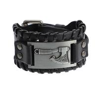 Ciieeo Men's Woven Leather Bracelet Viking Pirate Style Black PU Antique Silver Accent Retro Personality Wristband for Casual and Travel