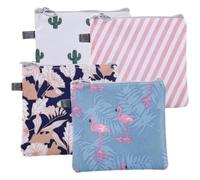 Ciieeo Menstrual Pad Bags 4Pcs Waterproof Zipper Organizer Pouches for Cards Coins and Essentials with Cartoon Cactus Flamingo Stripes Flowers Design for Travel and Daily Use