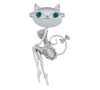 Ciieeo Vintage Silver Cat Brooch Pin Easy to Attach with Opal and Rhinestone, Eye-catching Decoration for Clothes and Backpacks Accessories