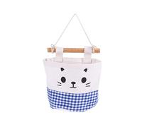 Ciieeo Wall Hanging Storage Bag Organizer with Cat Pattern, Blue Cotton Linen Fabric, Over Door Closet Magazine Storage Pocket for Bedroom and Kitchen, Hanging Wall Mount Pouch for Home