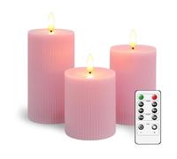 CiimWaa LED Candle 3 Pack Battery Operated with Remote Control and Timer | Flameless Real Wax LED Stripe Pillar Candles with Fairy Lights for Festival Wedding Home Party Halloween Decorations, Pink