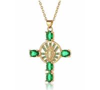 CILILI Virgin Mary Cross Necklace for Girls Women, 18K Gold Plated Lucky Protection Inspirational Jewellery Gifts for Mother Wife Daughter (Green)