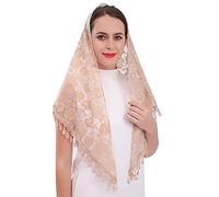 Cilkus Lace veil Triangle Mantilla veil Shawl or Scarf Latin Mass Head Cover with Fringed lace, Champagne, Medium