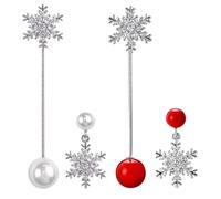 CIMAXIC 2 Pairs 925 Sterling Silver Snowflake Tassel Pearl Earrings, Asymmetric Red White Pearl Ear Drops for Women, Chic Dangle Ear Pendants Party Jewelry