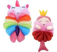 CIMAXIC 2pcs Cartoon Bath Loofah Sponge Set Mermaid and Unicorn Design, Soft Shower Sponge and Skin Cleaning, Pink Crown Bath Balls for Gentle Body Scrubbing