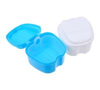 CIMAXIC 2Pcs Denture Storage Box Set with Filter Mesh and Hinge, Leak Proof Plastic Dental Retainer Container for False Teeth Bath and Oral Care, White and Light Blue for Home and Travel