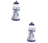 CIMAXIC 2pcs Solid Metal Lighthouse Light Ornament Nautical Home Decor Hand Painted Tealight Holder Mediterranean Style Fish Net Shell Buoy Decor