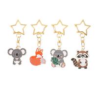 CIMAXIC 4pcs Cartoon Animal Keychain with Star Buckle, Fox Koala Raccoon Pendant Key Ring Cute Bag Charm Present for Kids Adults Birthday Party Favor