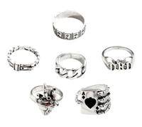 CIMAXIC 6pcs Gothic Heart Rings Set Vintage Punk Stackable Finger Rings Alloy Silver Cosplay Club Accessories for Teen
