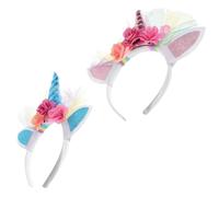 CIMAXIC Unicorn Headband Fabric and Plastic Material 2pcs with Cat Ears and Colorful Flowers, Blue Glitter Decoration, Soft and Close the Skin, for Wedding Flower Girl and Dancing